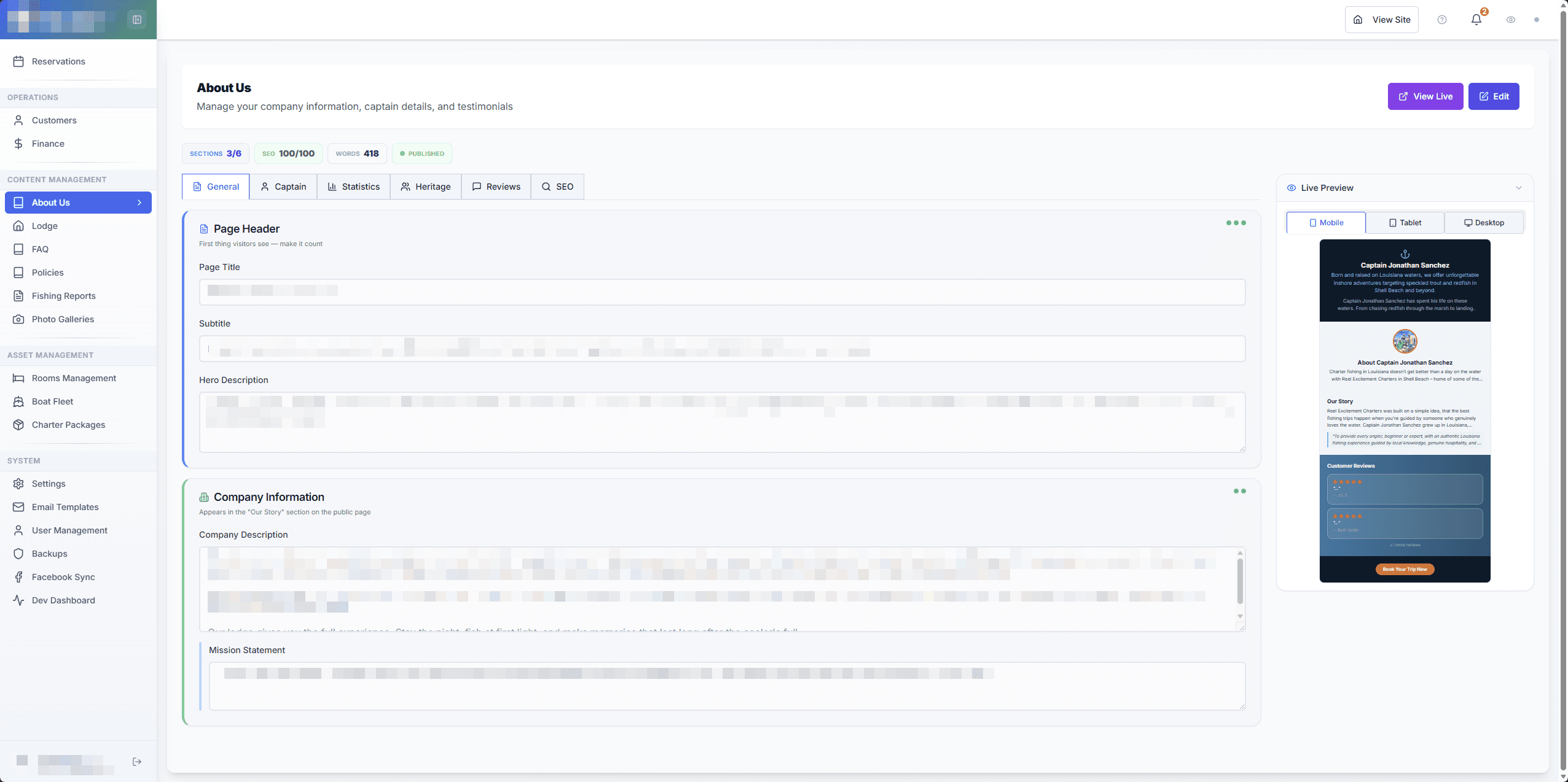 CMS editor with live mobile preview and SEO scoring