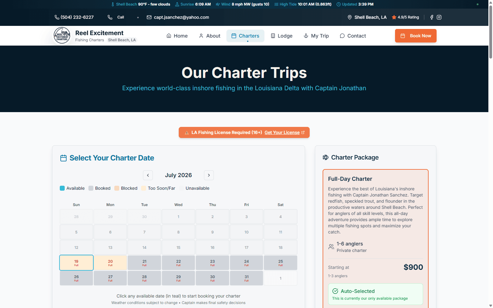 Public booking page with live availability calendar, package details, and real-time weather bar