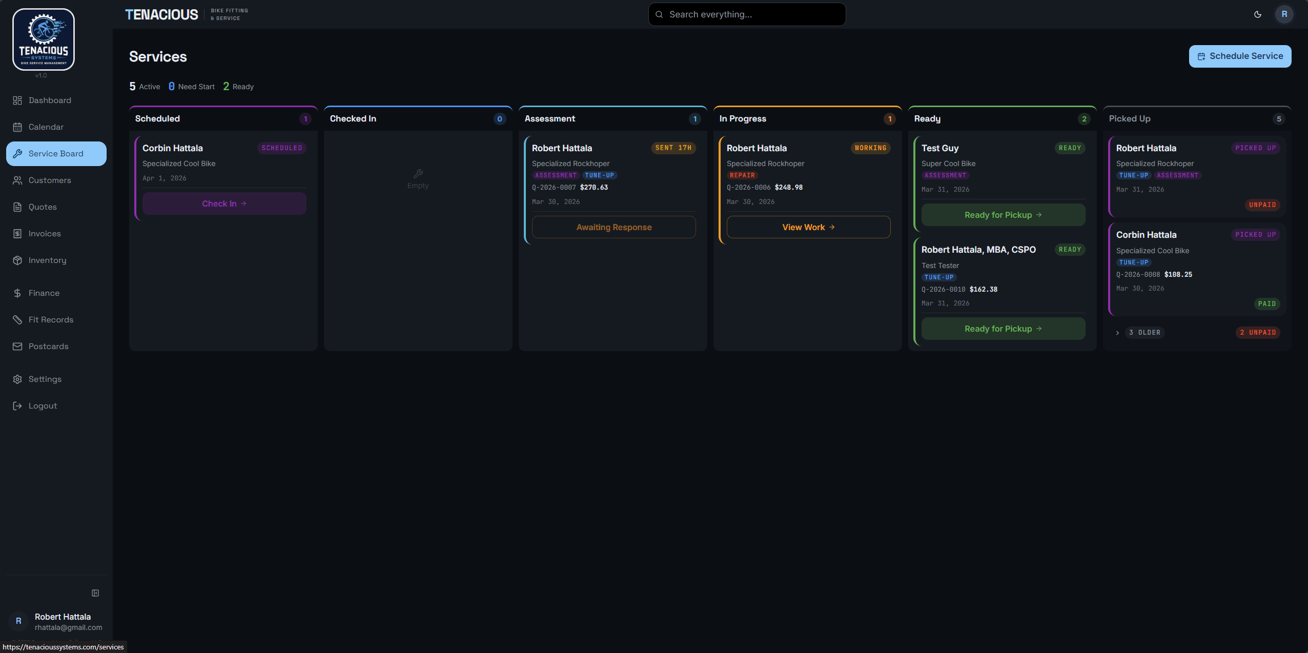 Kanban service board with six workflow stages: Scheduled, Checked In, Assessment, In Progress, Ready, Picked Up