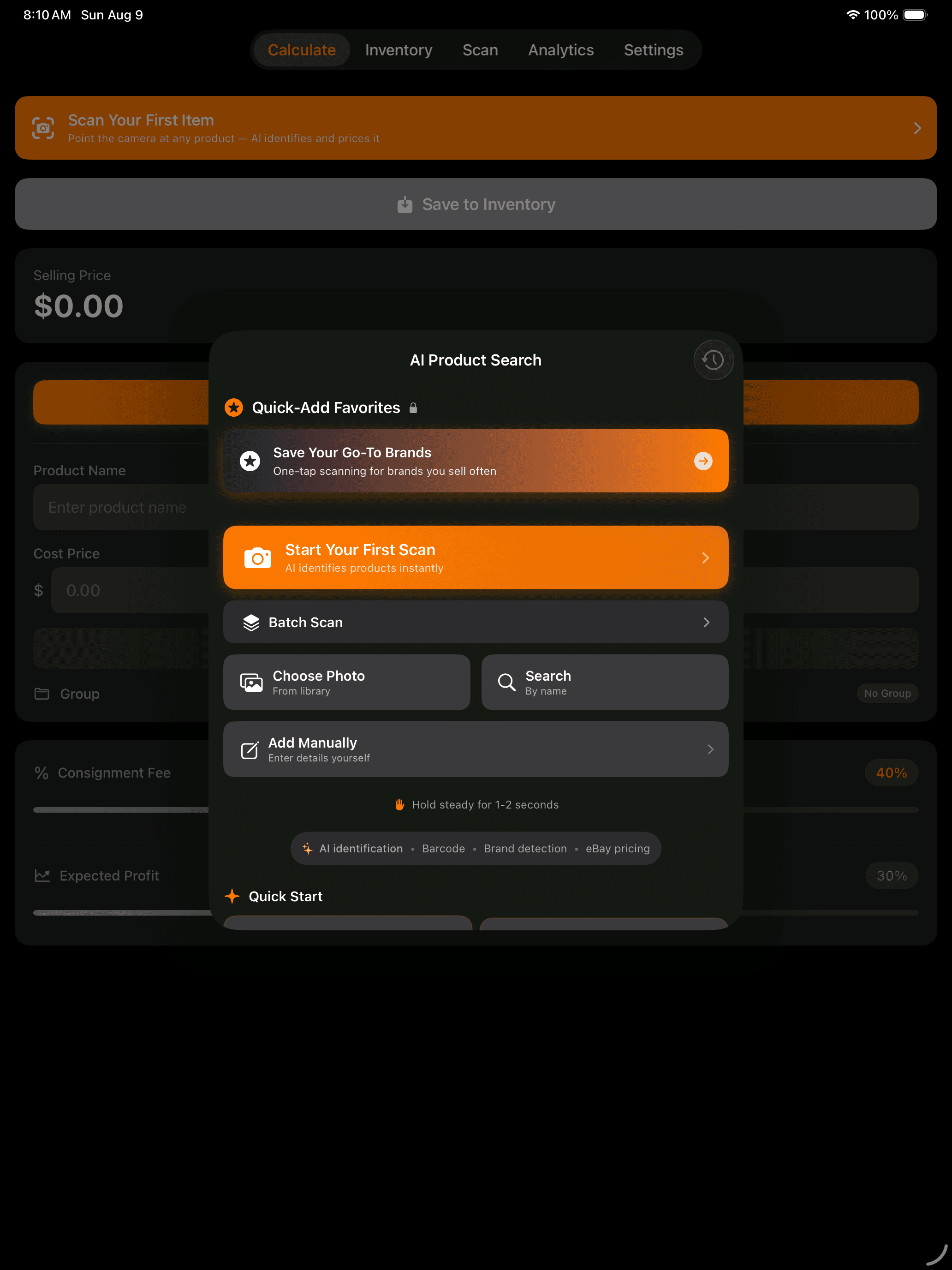 ConsignMate AI Product Search sheet on iPad showing scan, batch scan, photo, text search, and manual entry options