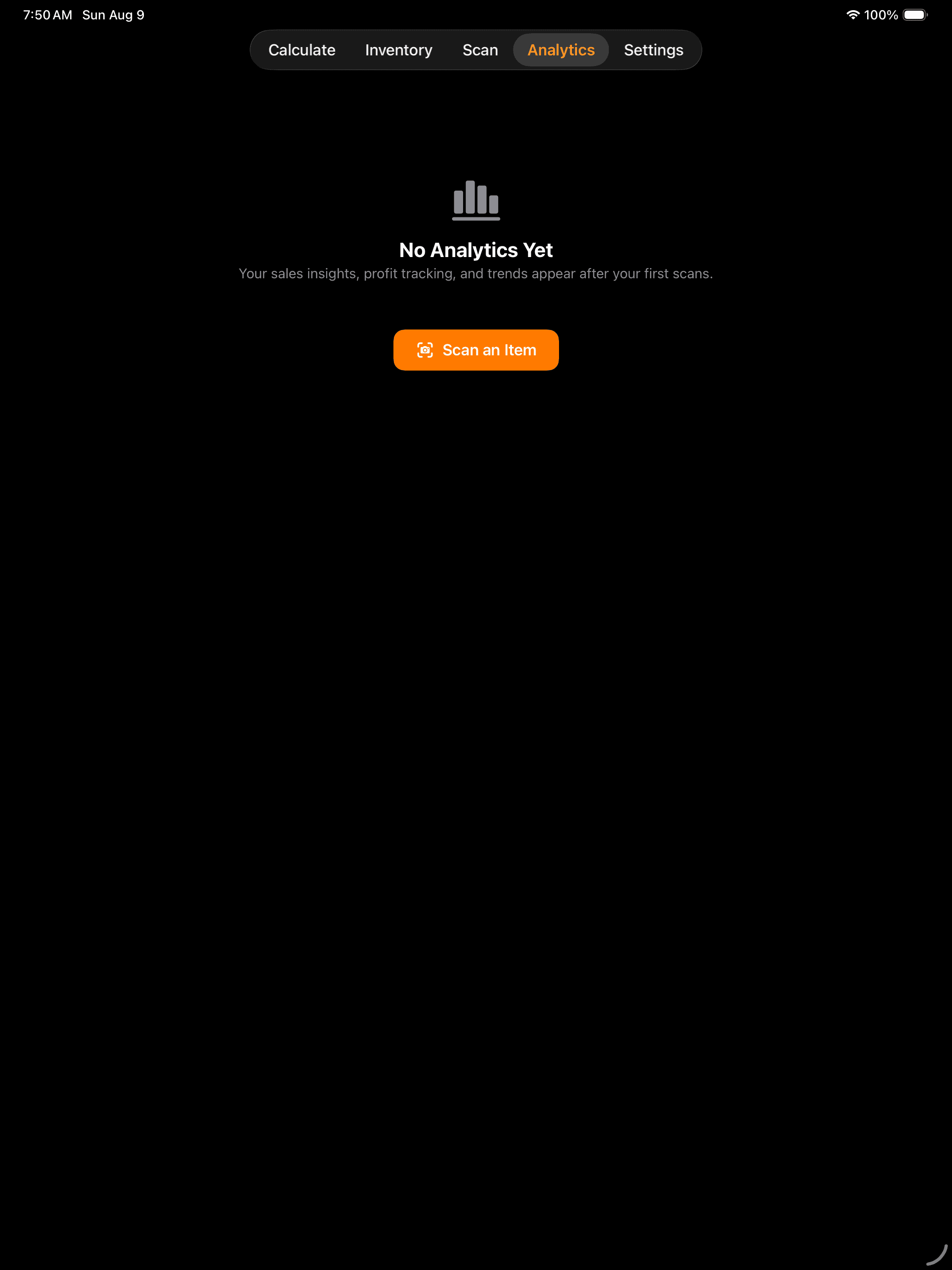 ConsignMate analytics empty state on iPad with a direct Scan an Item action