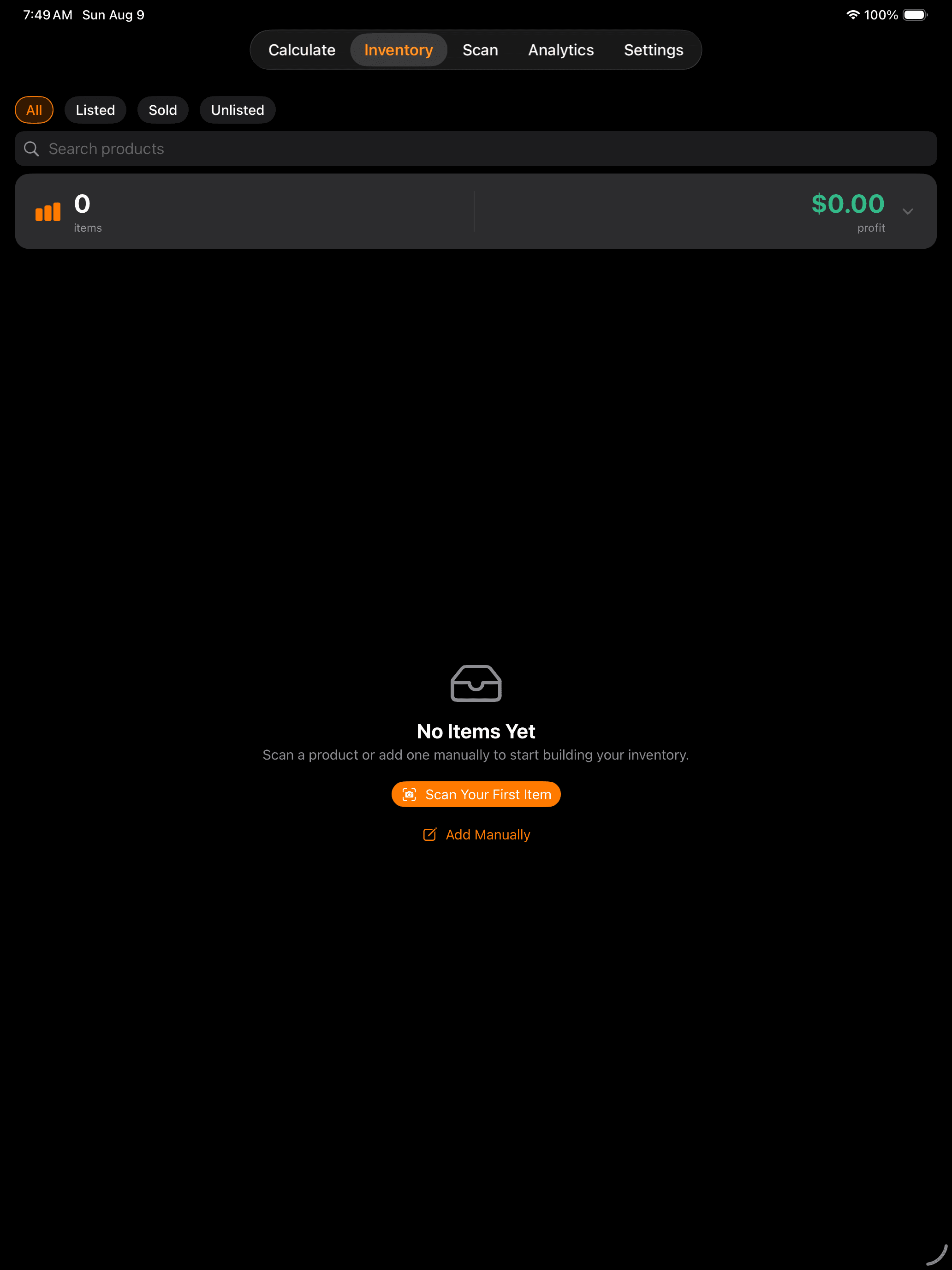 ConsignMate inventory screen on iPad showing status filters, search, summary, and scan or manual intake actions