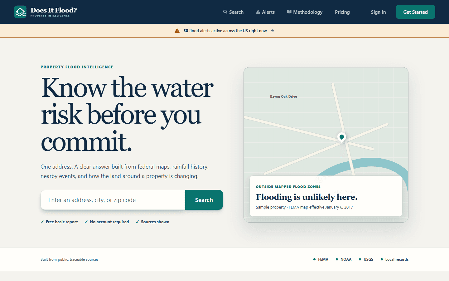 Does It Flood homepage with headline Know the water risk before you commit and hero address search
