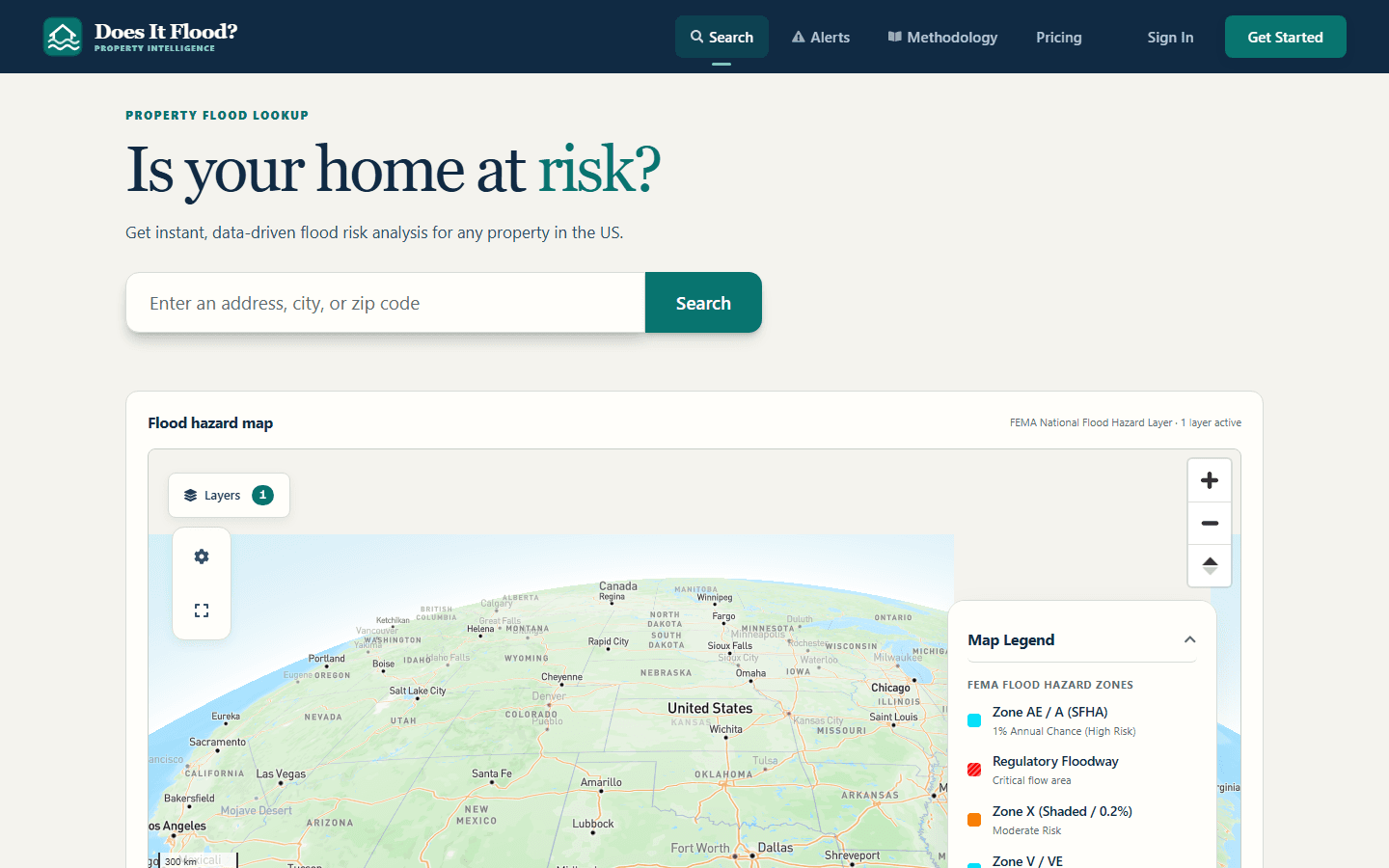 Search page with address field and interactive United States flood hazard map