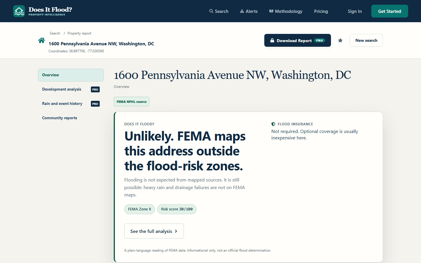 Property overview leading with a plain-English flood verdict and flood analysis panel