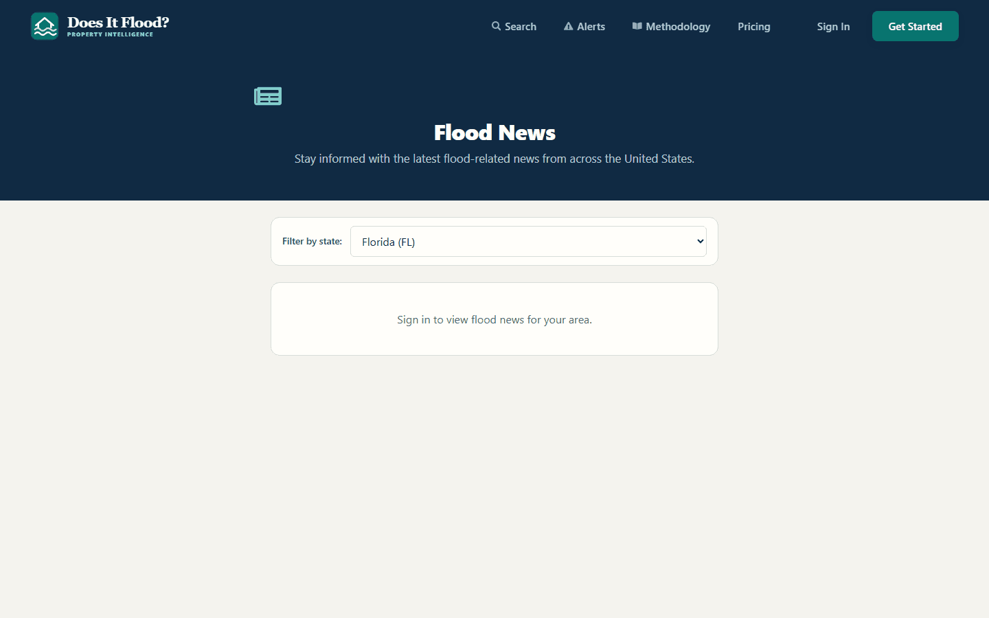 Flood news page listing regional flood-related headlines