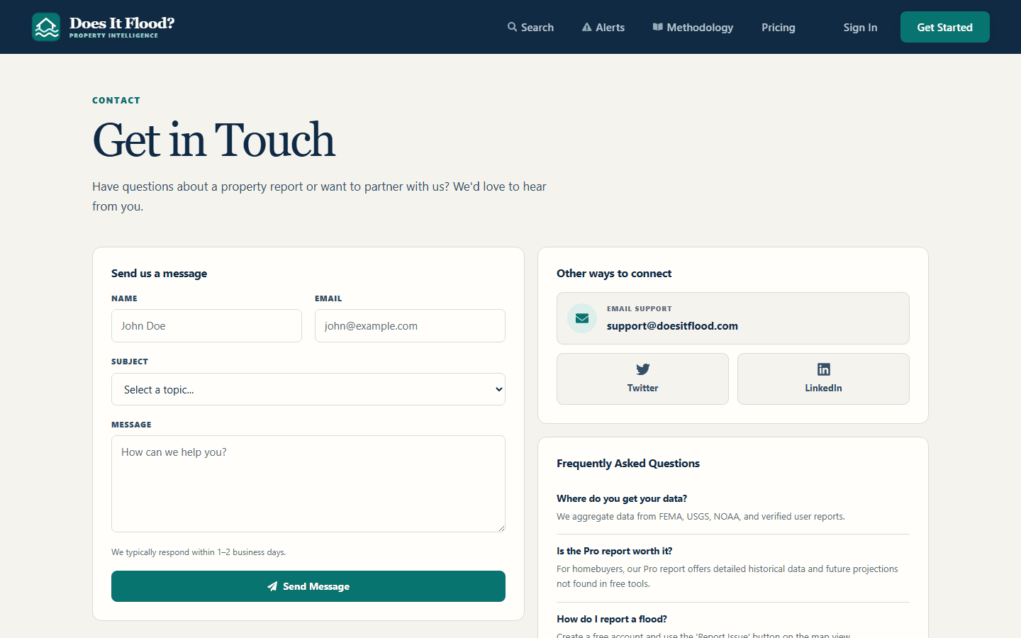 Contact page with support form