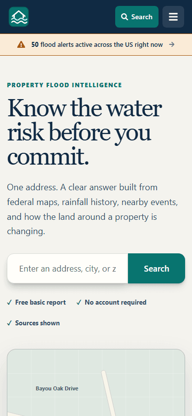 Mobile homepage hero for Does It Flood with address search