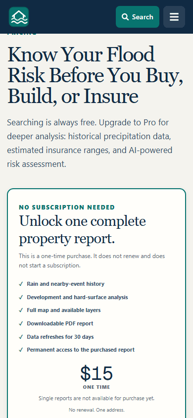 Mobile pricing with one-time report and Free versus Pro cards