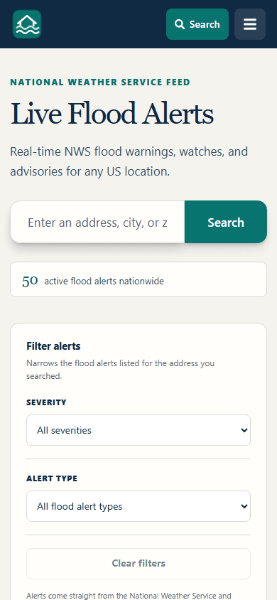 Mobile Live Flood Alerts page