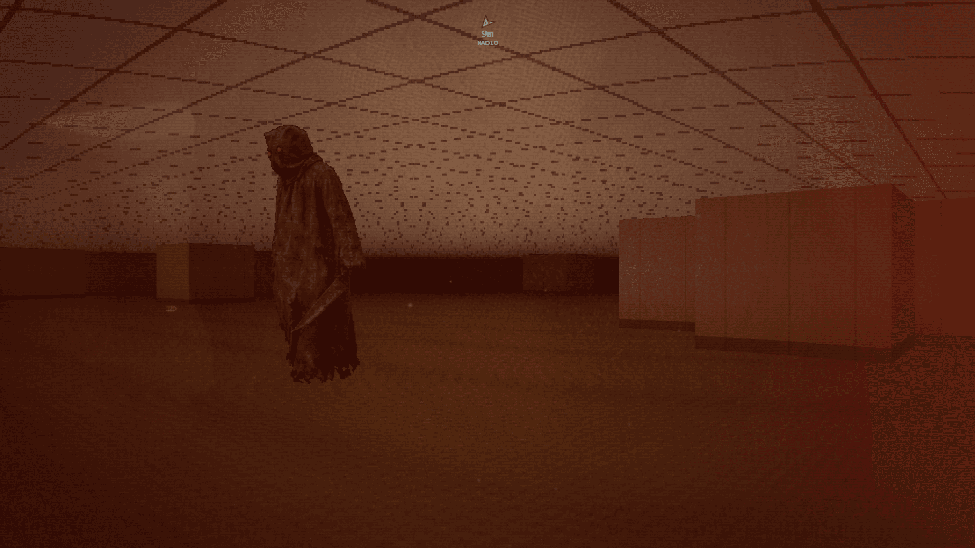 Yellow-tinted liminal corridor in Clipped Reality with a hound-like creature chasing the player