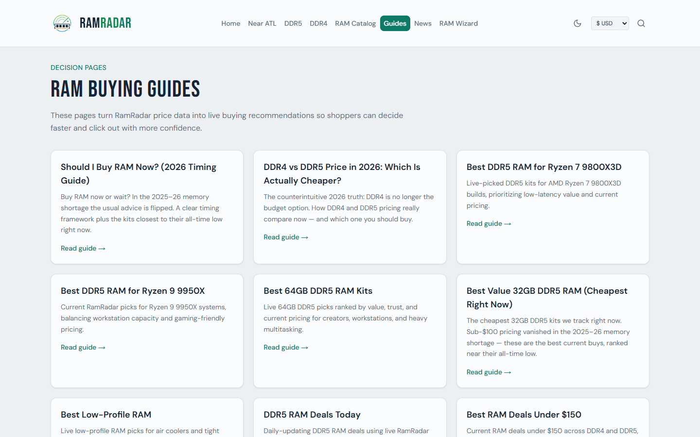 RamRadar guides page listing RAM buying and market guides
