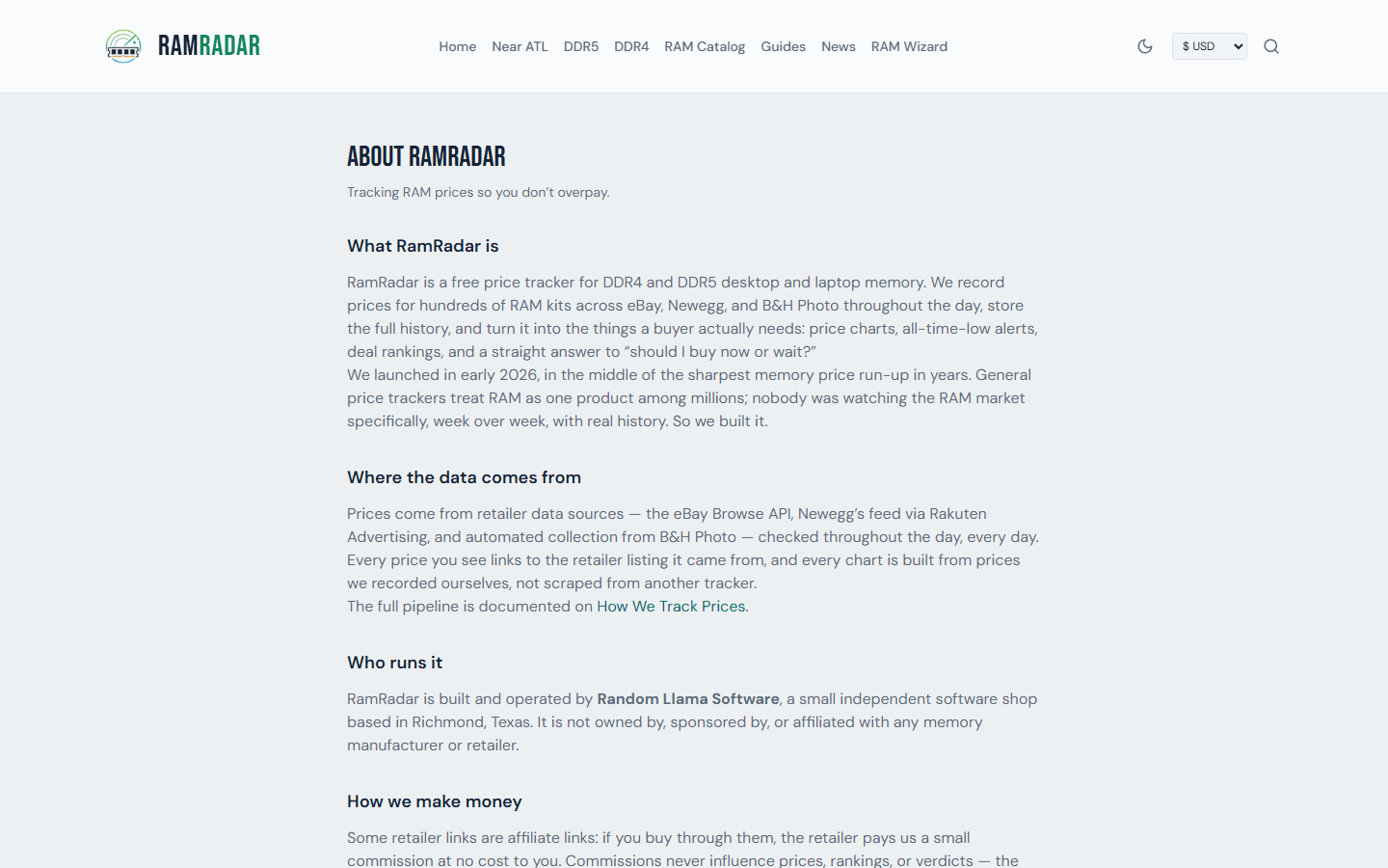 About page describing RamRadar and Random Llama Software
