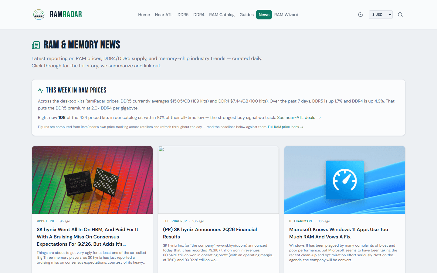 RamRadar news page with memory market headlines and price-trend context
