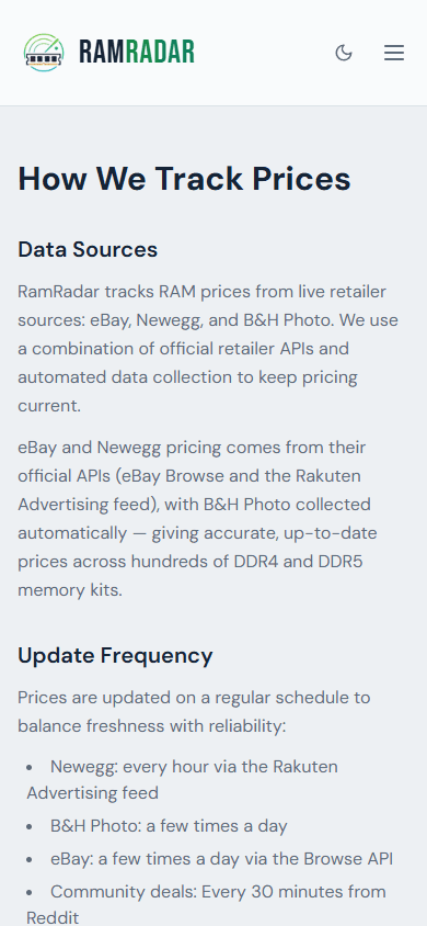 Mobile how-it-works explanation of RamRadar price tracking