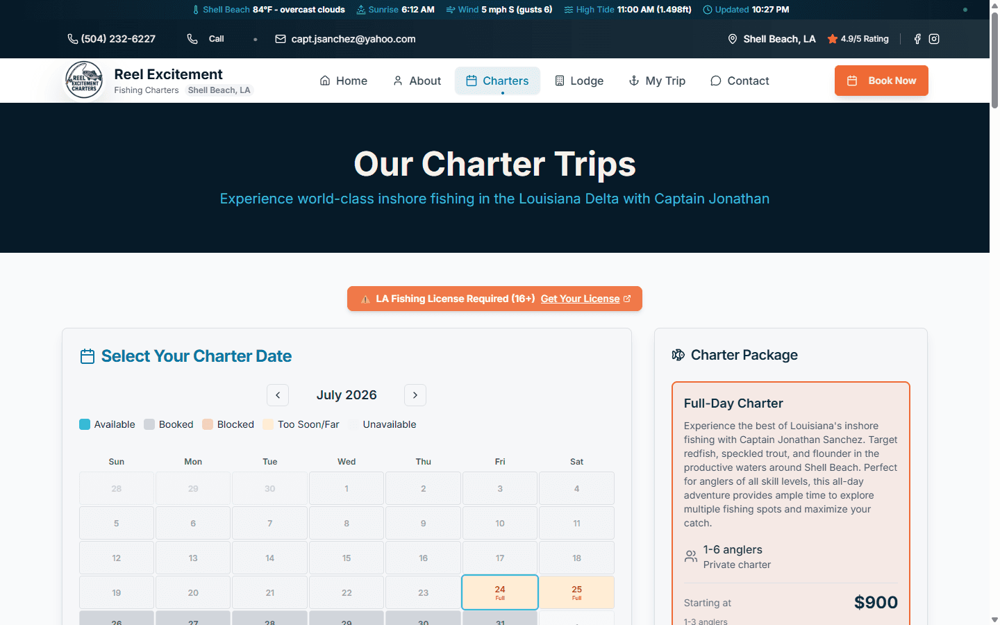 Charters page showing July availability calendar and Full-Day Charter package at $900