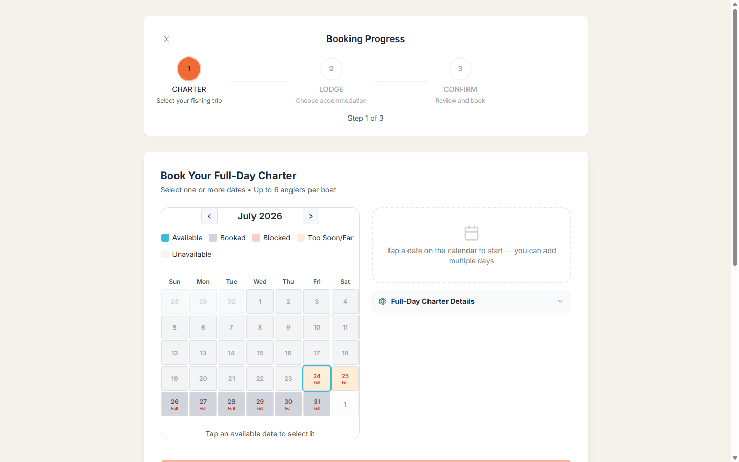 Multi-step booking wizard on charter date selection step