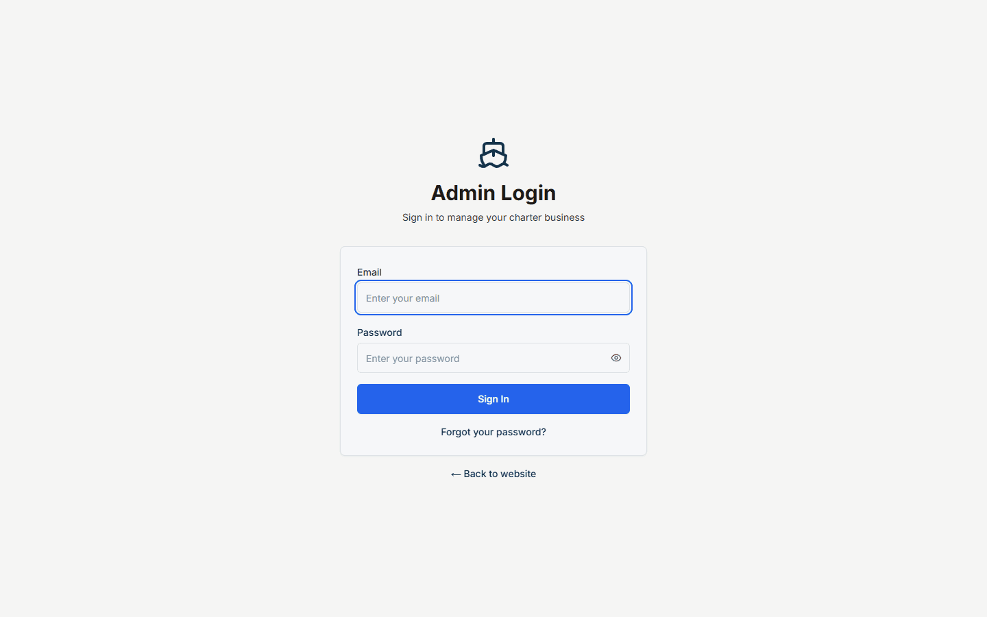 Admin login screen for charter business staff