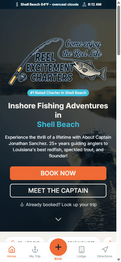 Mobile homepage hero with Book Now and bottom navigation