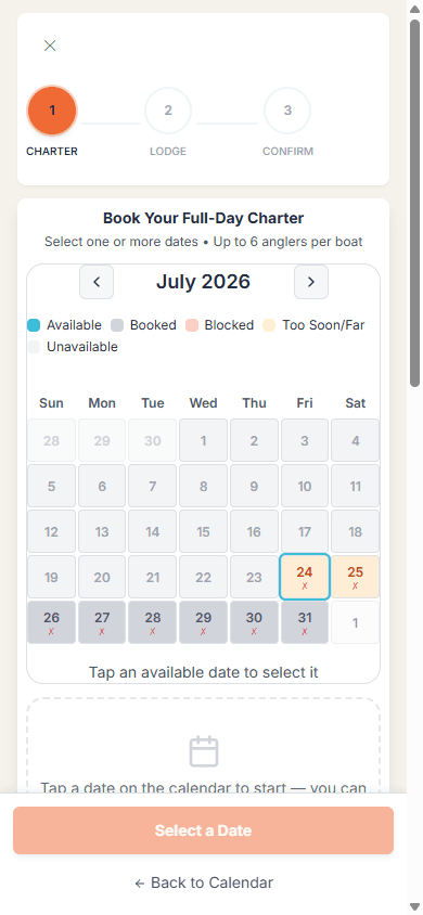 Mobile booking wizard charter step