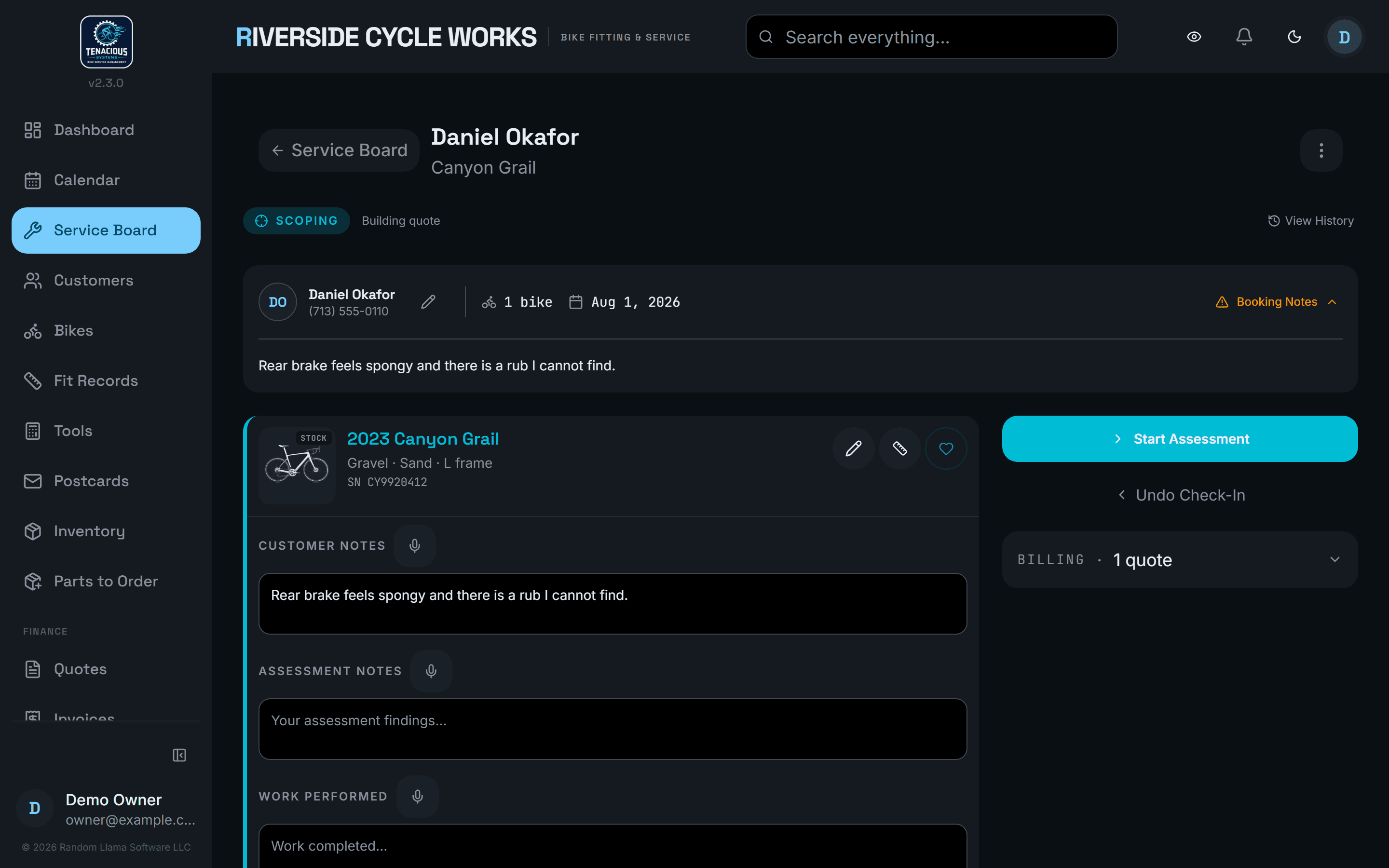 Building the work list at the bench, before anything is quoted.
