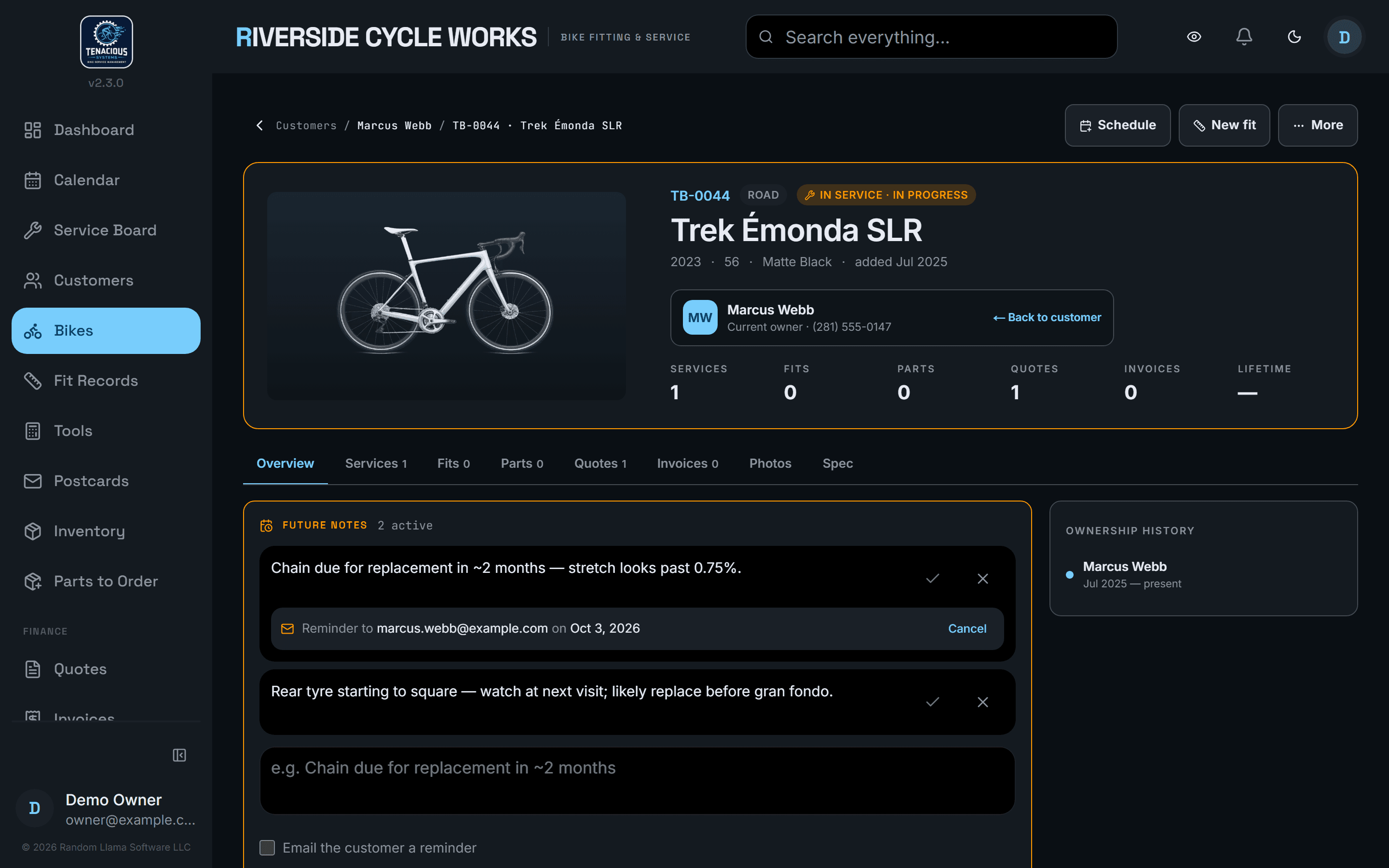 Future Notes on the bike Overview: durable notes, optional reminder, mark done or dismiss.