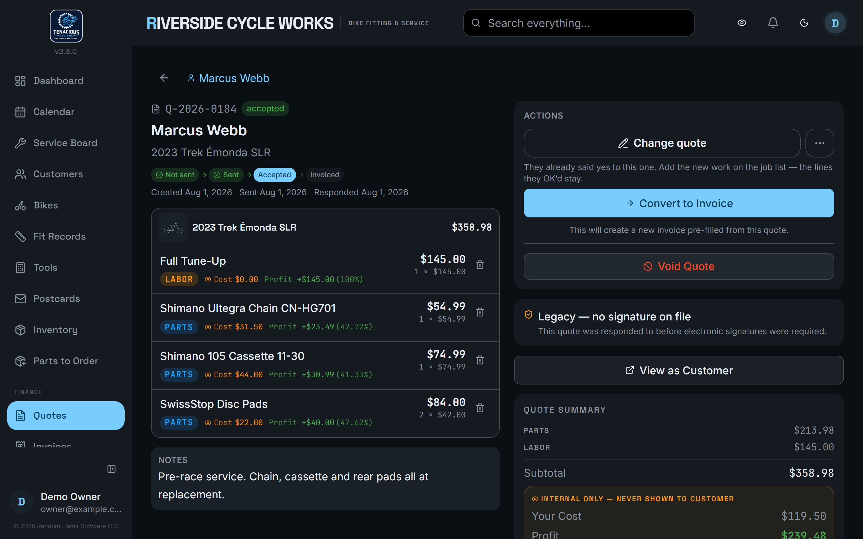 A quote the customer can approve, with cost and price tracked on every line.