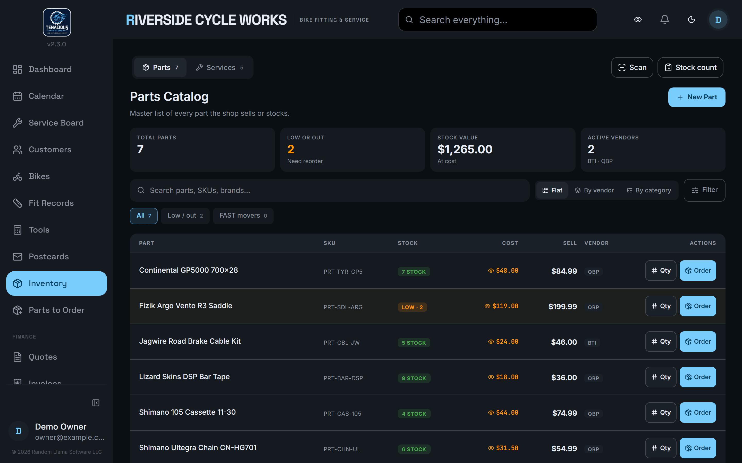 Parts and labour catalogue: cost and price on every item.