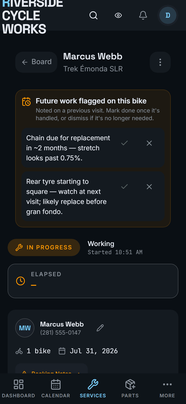 A job in progress with Future Notes warned at the top: work flagged on a previous visit.