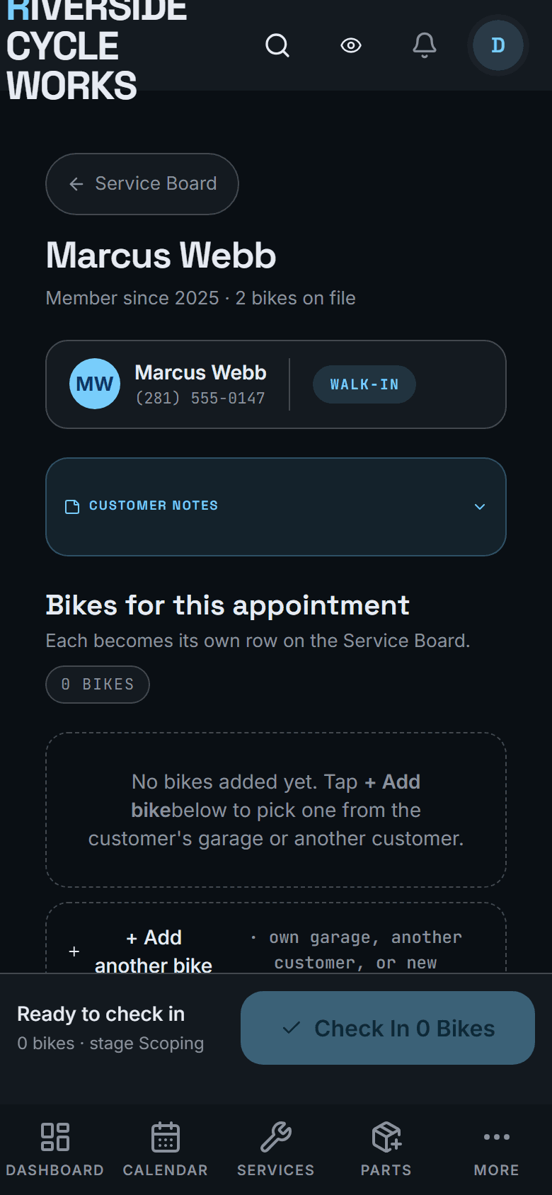 Check a whole household in at once: each bike becomes its own job on the board.