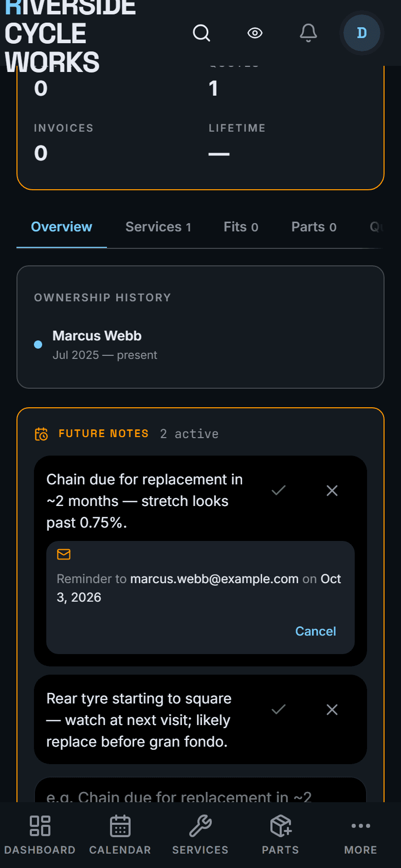Future Notes on the bike Overview: durable notes, optional reminder, mark done or dismiss.