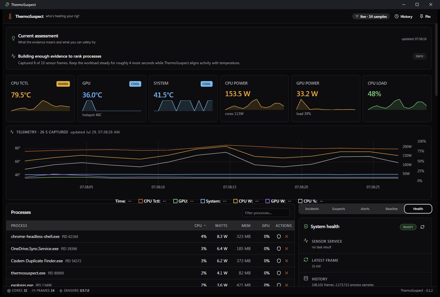 ThermoSuspect Health tab showing sensor service READY status